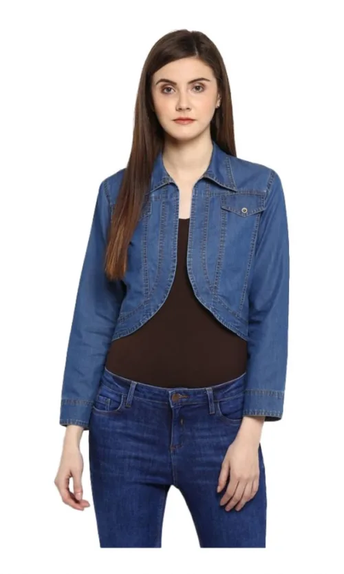 Women's Denim Solid 3-4th Sleeves Shrug (Blue)