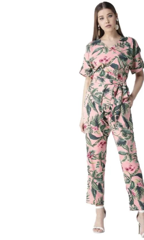 Women's Polyester Floral Half Sleeve Jumpsuit (Pink)