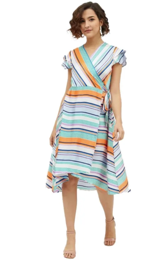 Women's Satin Striped Short Sleeve Knee-Length Dress (Multicolor)