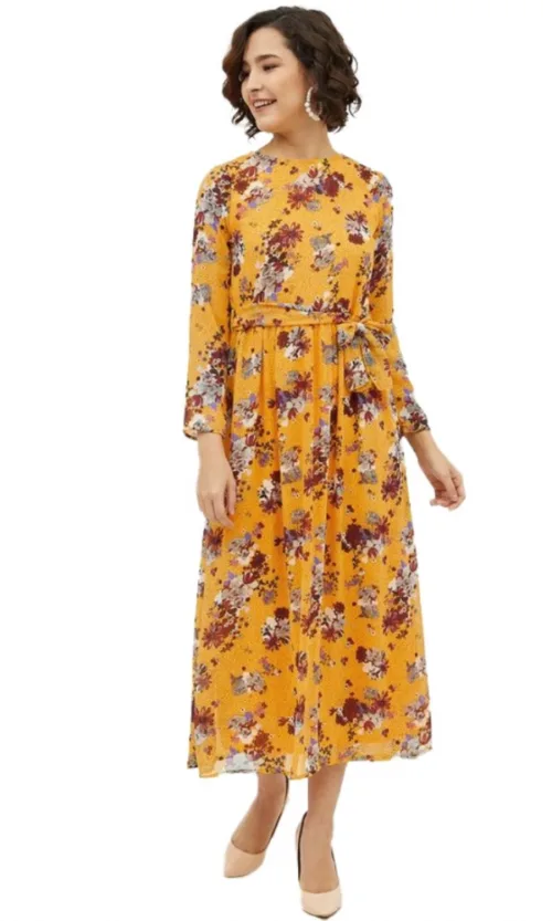 Women's Polyester Floral Long Sleeves Calf-length Dress (Multicolor)