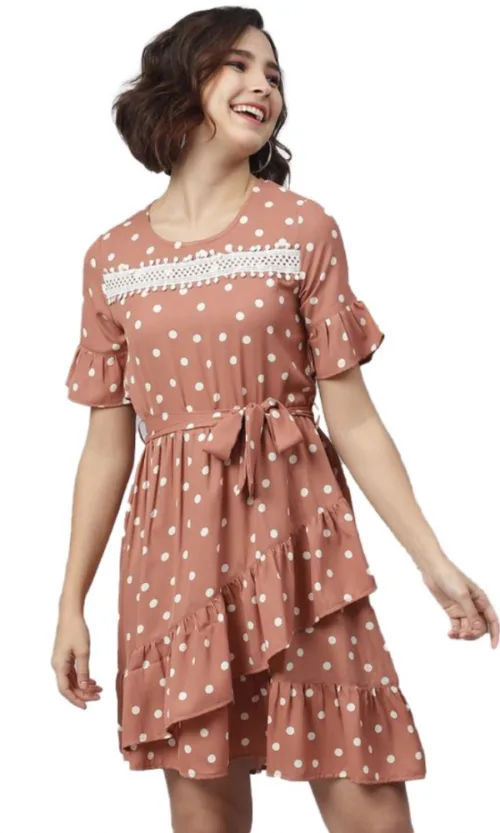 Women's Polyester Polka Bell Sleeve Above Knee Dress (Brown)