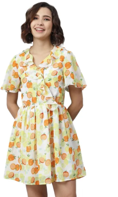 Women's Polyester Printed Flutter Above Knee Dress (Yellow - Orange)