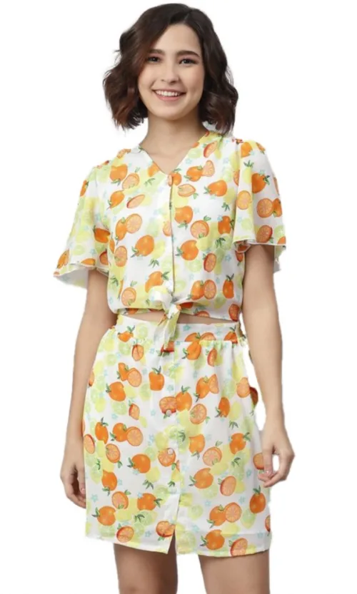Women's Polyester Printed Flutter Above Knee Dress (Orange - Yellow)