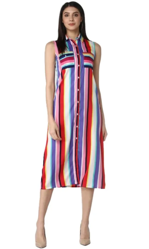 Women's Polyester Striped Sleeveless Calf-length Dress (Multicolor)