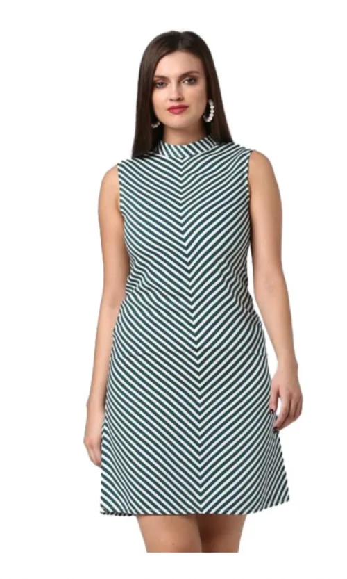 Women's Polyester Striped Sleeveless Above Knee Dress (Green)