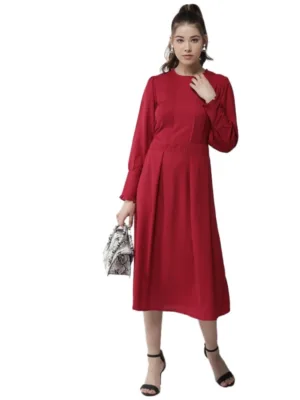 Women's Polyester Pintuck Long Sleeves Below Knee Dress (Red)