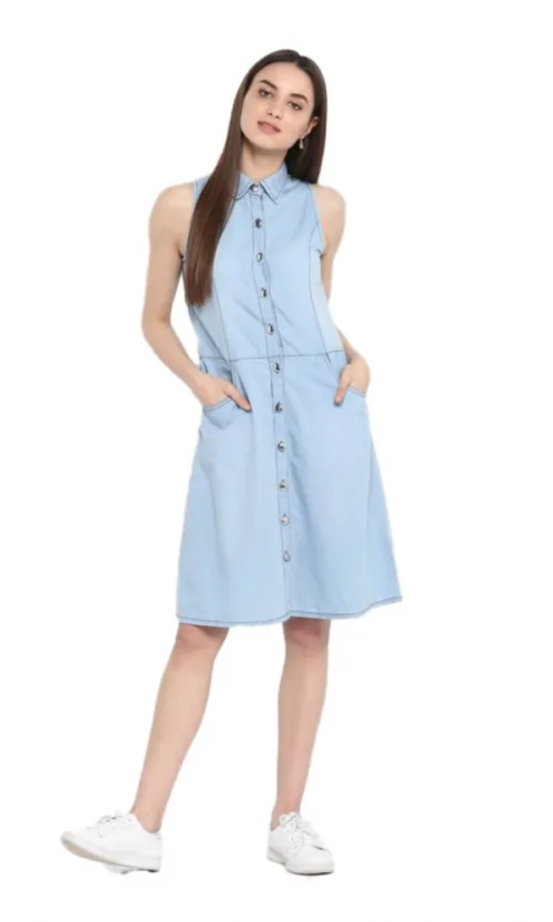 Women's Denim Solid Sleeveless Below Knee Dress (Blue)