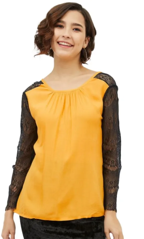 Women's Rayon Lace Inserts Long Sleeves Top (Yellow)