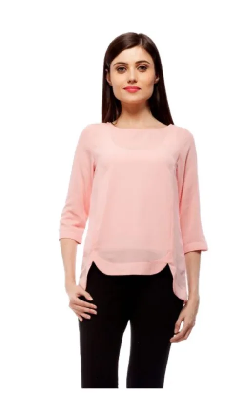 Women's Polyester Solid 3-4th Sleeves Regular Top (Peach)