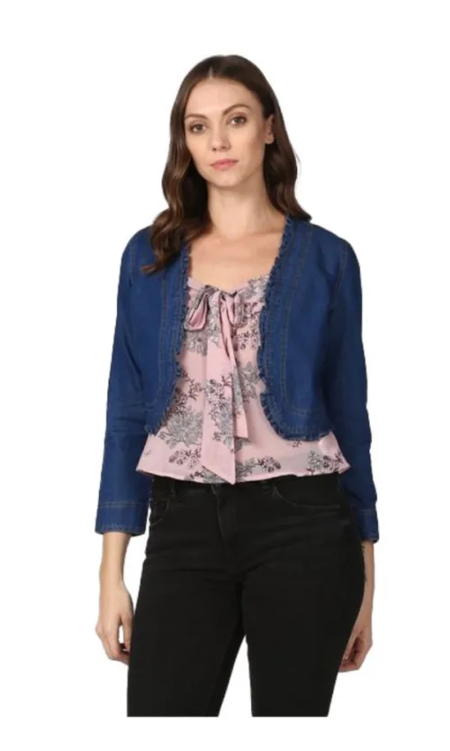 Women's Denim Ruffled Long Sleeves Shrug (Navy Blue)