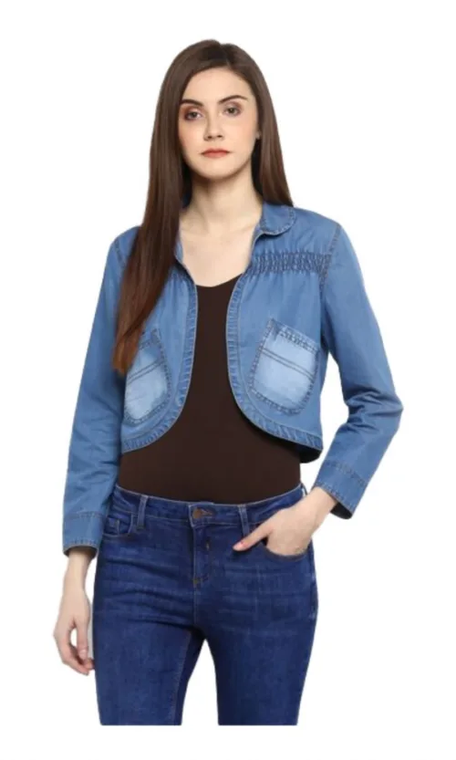 Women's Denim Smocking 3-4th Sleeves Shrug (Blue)