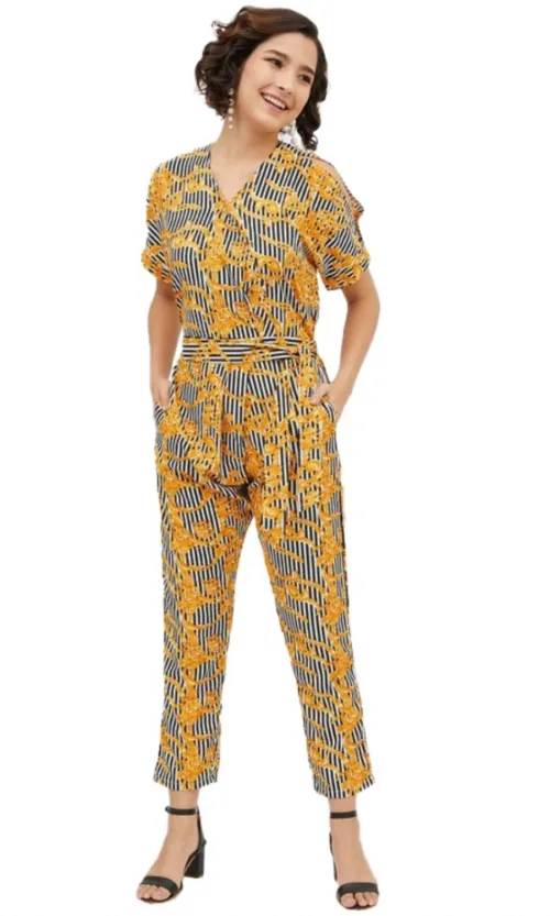 Women's Polyester Printed Half Sleeve Long Jumpsuit (Yellow)