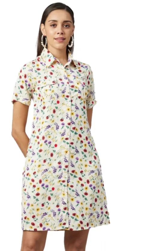 Women's Polyester Floral Short Sleeve Above Knee Dress (Multicolor)