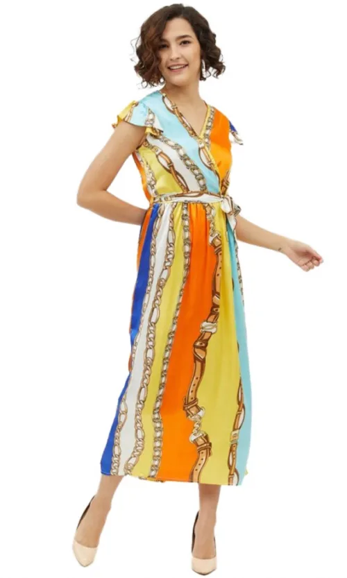 Women's Satin Chain Print Cap Sleeve Calf-length Dress (Multicolor)