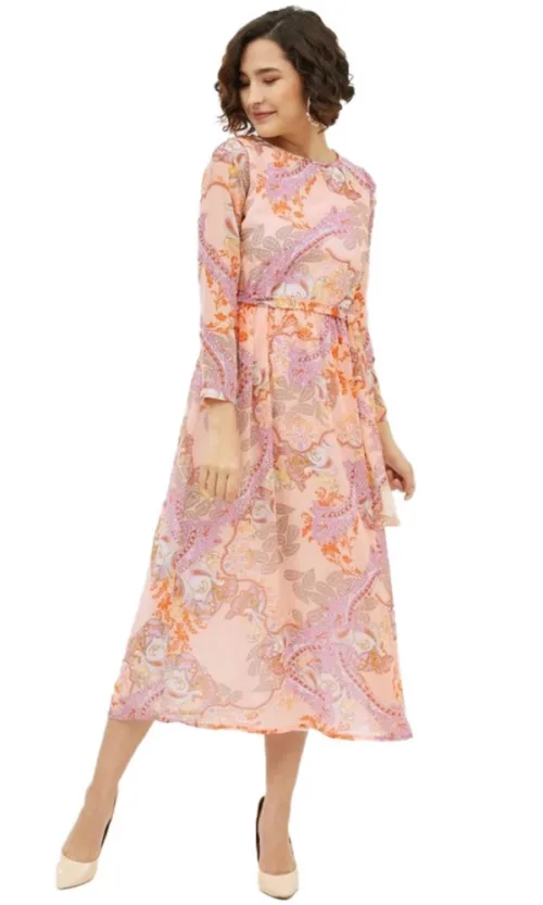 Women's Polyester Printed Long Sleeves Calf-length Dress (Multicolor)