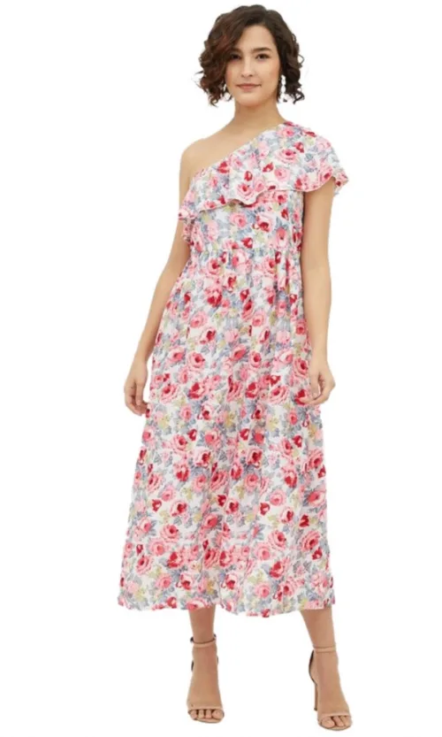 Women's Polyester Floral One Shoulder Calf-length Dress (Multicolor)