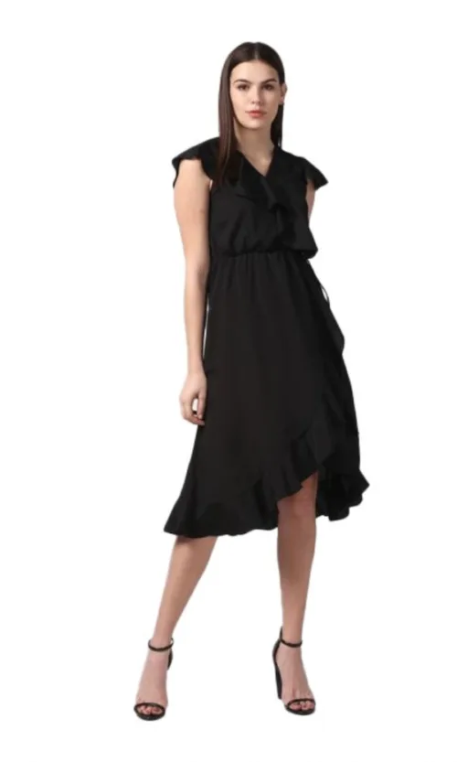 Women's Polyester Ruffled Cap Sleeve Knee-Length Dress (Black)