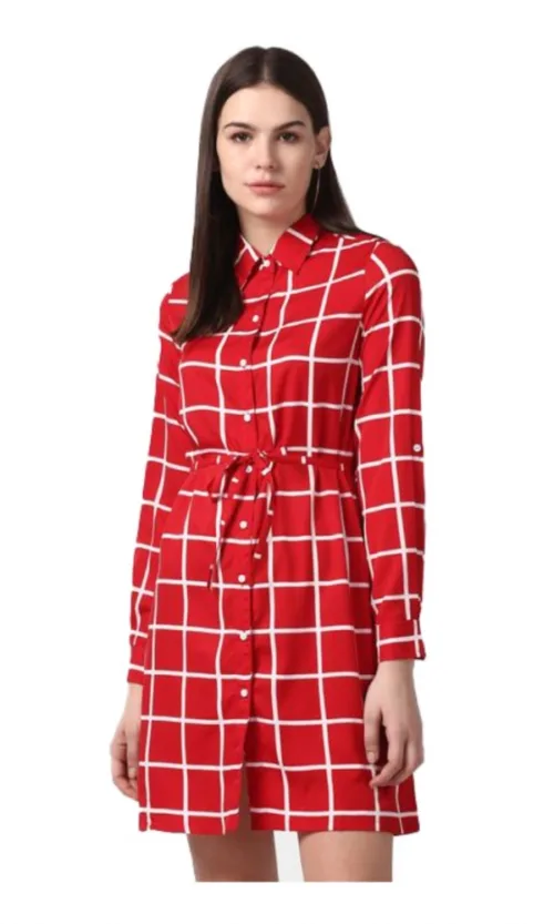 Women's Polyester Checkered Long Sleeves Above Knee Dress (Red)