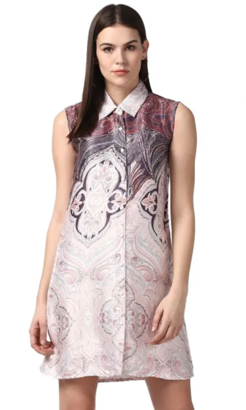 Women's Polyester Printed Sleeveless Above Knee Dress (Orange)