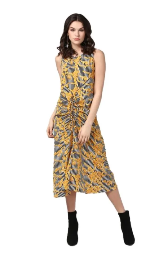 Women's Polyester Chain Print Sleeveless Below Knee Dress (Yellow - Black)
