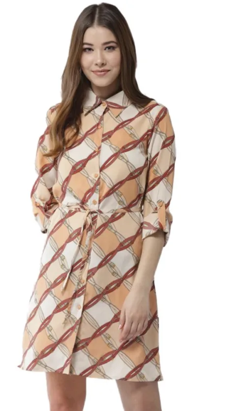 Women's Polyester Printed Roll Up Sleeve Above Knee Dress (Off White - Brown)