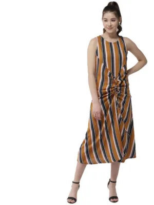 Women's Polyester Striped Sleeveless Below Knee Dress (Mustard)