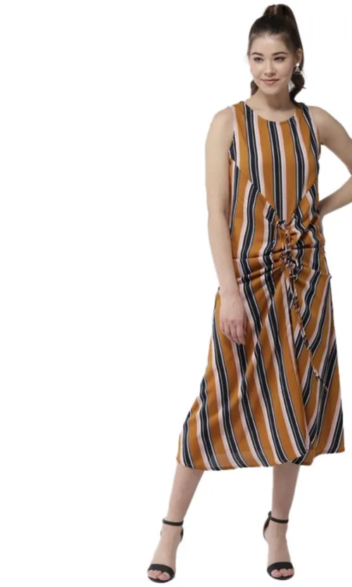 Women's Polyester Striped Sleeveless Below Knee Dress (Mustard)
