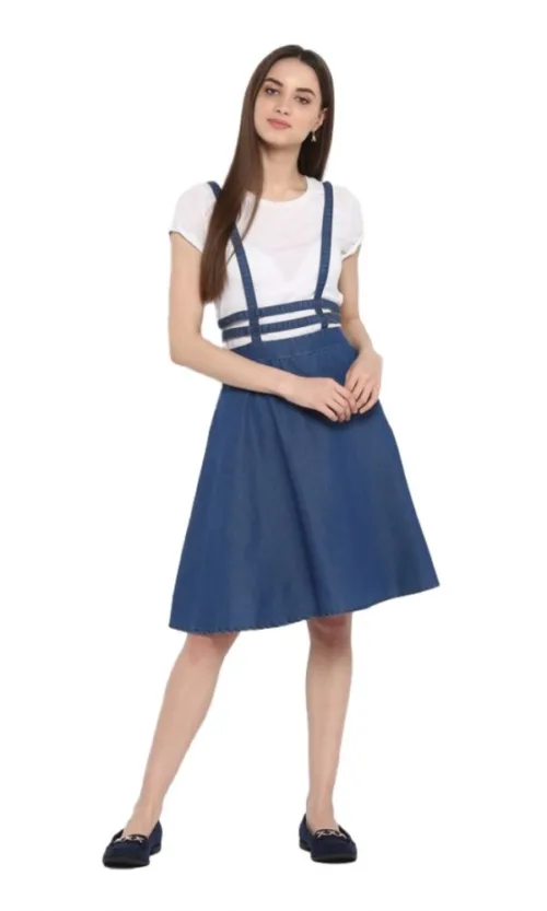 Women's Denim Solid Shoulder Straps Below Knee Dress (Blue)