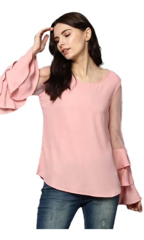 Women's Polyester Solid Tier Sleeve Top (Pink)