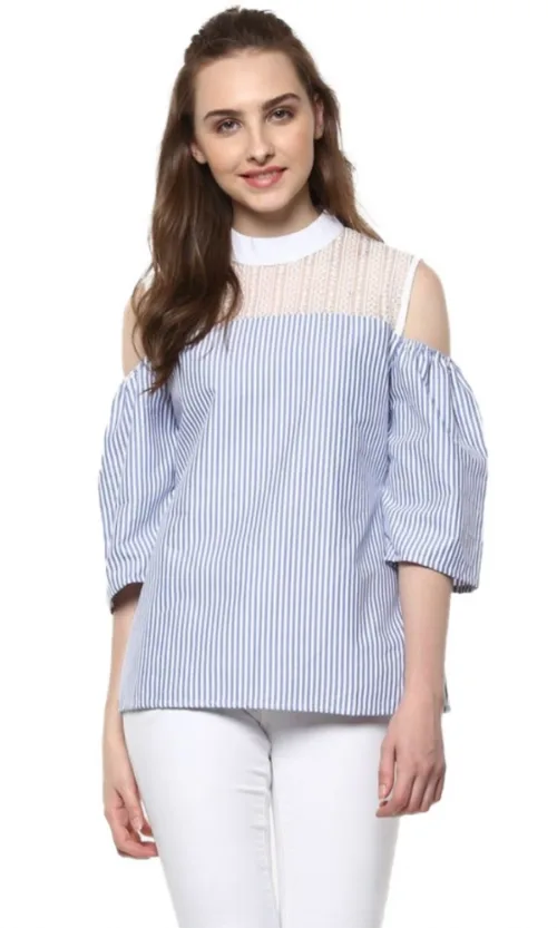 Women's Cotton Striped Cold Shoulder Top (Blue)
