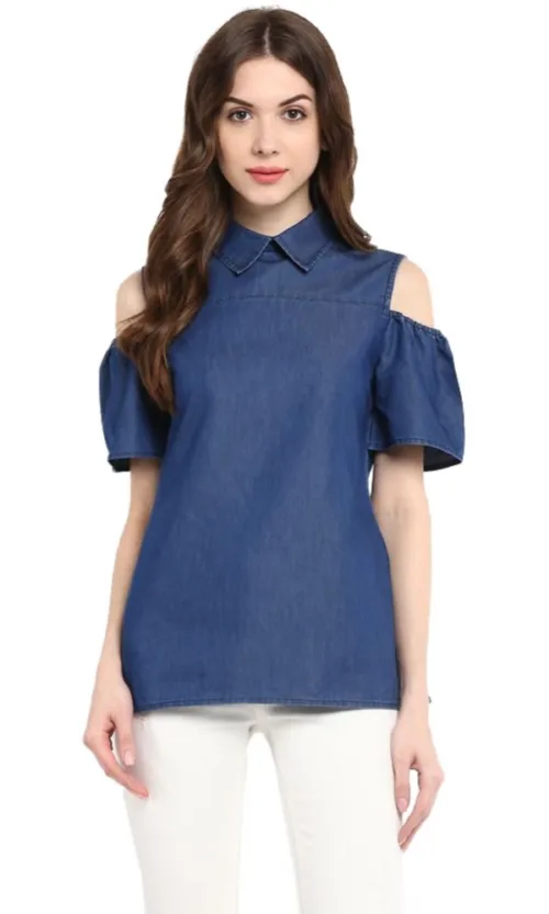 Women's Denim Solid Cold Shoulder Regular Top (Blue)
