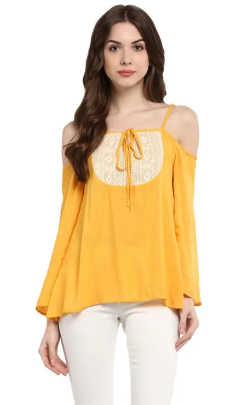 Women's Rayon Embellished Cold Shoulder Regular Top (Mustard Yellow)