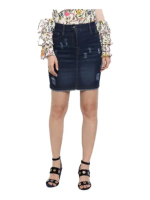 Women's Denim Distressed Buttoned Skirt (Blue)