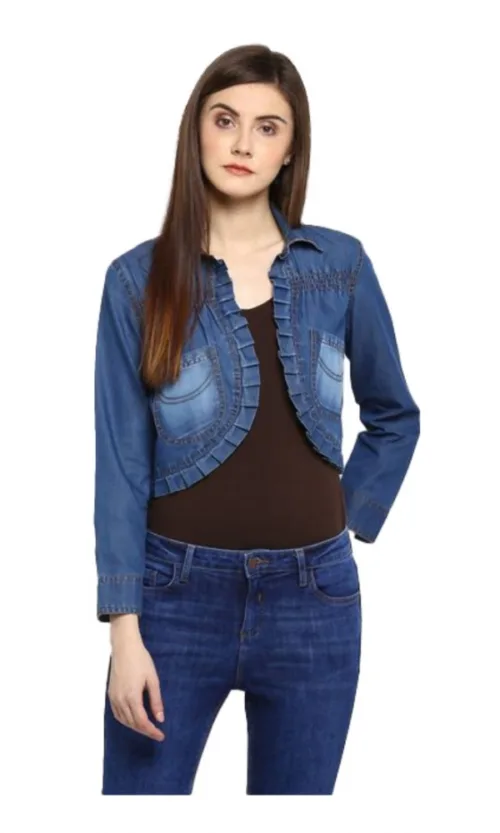 Women's Denim Pleated 3-4th Sleeves Shrug (Blue)