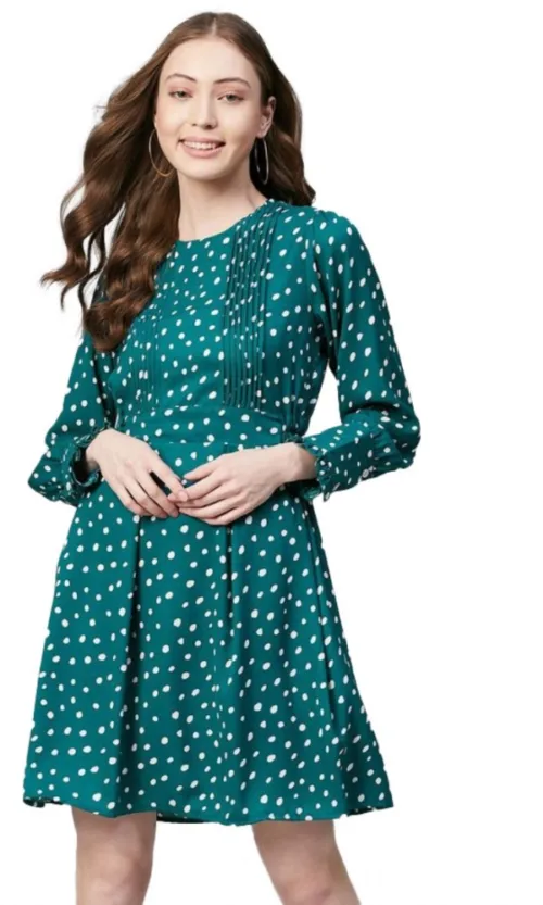 Women's Polyester Polka Long Sleeves Above Knee Dress (Green - White)