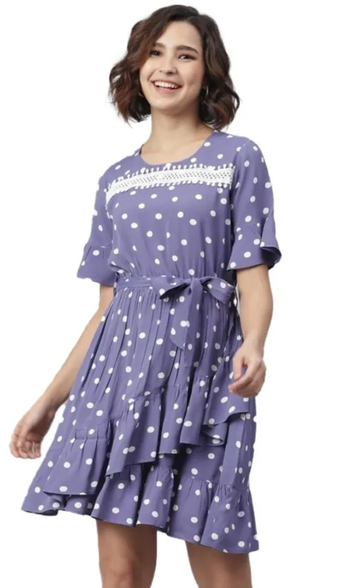 Women's Polyester Polka Bell Sleeve Above Knee Dress (Lavender)