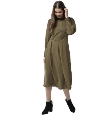 Women's Polyester Pintuck Long Sleeves Below Knee Dress (Olive)