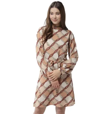 Women's Polyester Checkered Long Sleeves Above Knee Dress (Off White - Brown)