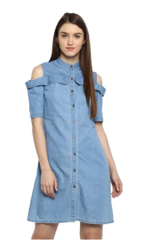 Women's Denim Solid Cold Shoulder Above Knee Dress (Blue)