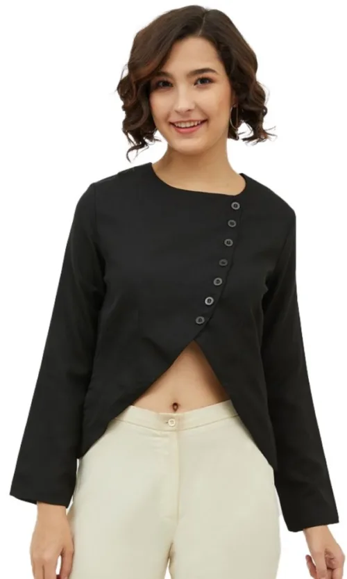Women's Polyester Asymmetrical Long Sleeves Top (Black)