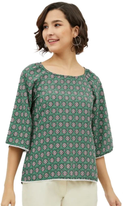 Women's Polyester Printed 3-4th Sleeves Top (Green)