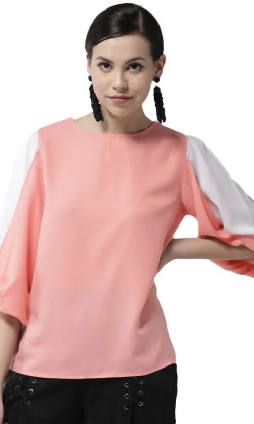 Women's Polyester Colour Block Slit Sleeve Top (Pink)