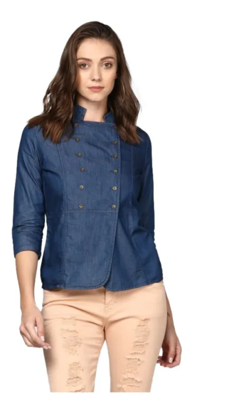 Women's Denim Solid 3-4th Sleeves Top (Blue)