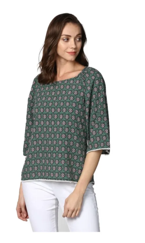 Women's Polyester Printed 3-4th Sleeves Top (Green)