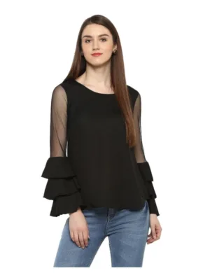 Women's Polyester Solid Tier Sleeve Top (Black)
