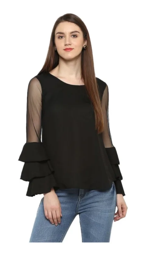 Women's Polyester Solid Tier Sleeve Top (Black)