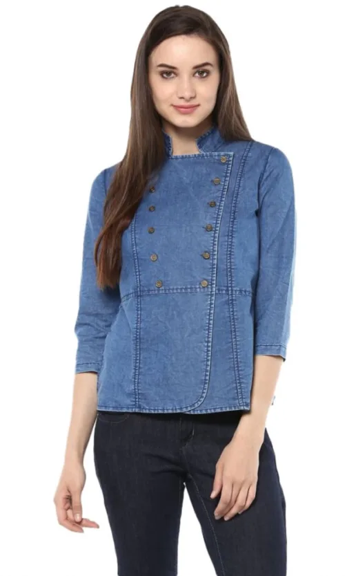 Women's Denim Solid 3-4th Sleeves Regular Top (Blue)