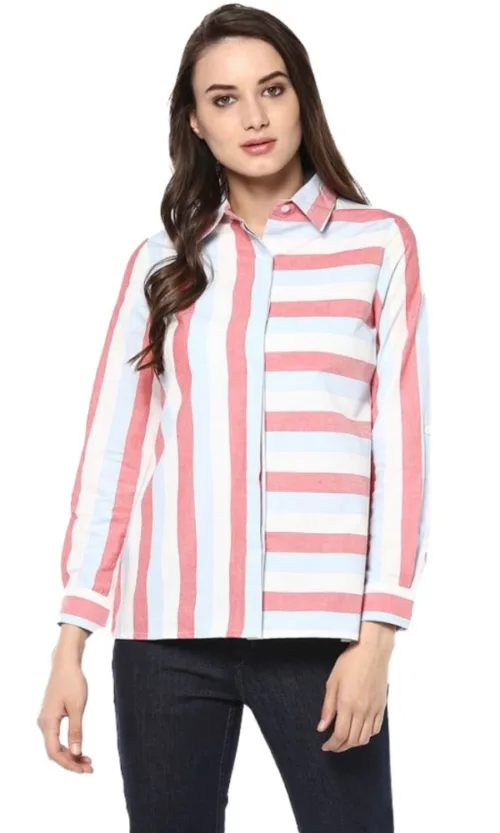 Women's Cotton Striped Roll Up Sleeve Regular Top (Red)