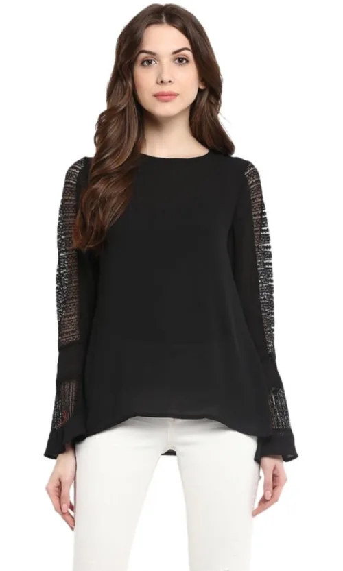 Women's Polyester Georgette Self Design Bell Sleeve Regular Top (Black)