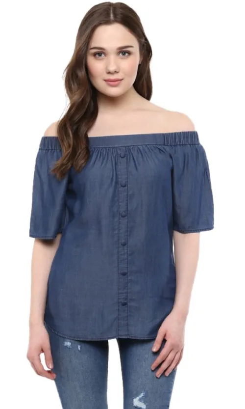 Women's Denim Solid Short Sleeve Regular Top (Blue)